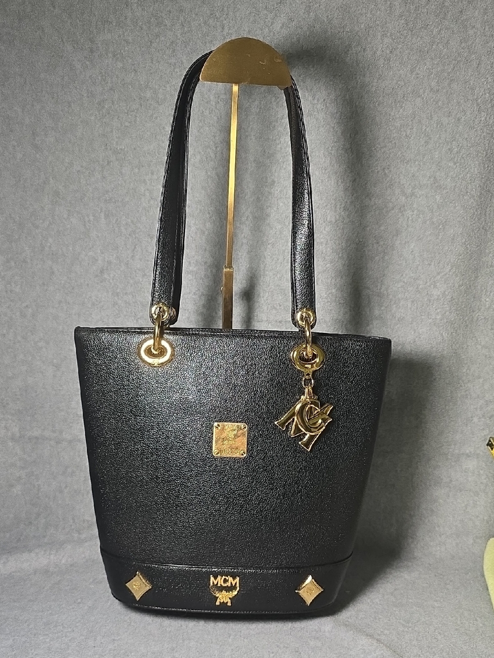 MCM Black Leather Bucket Tote Bag with Detatchable Key Ring